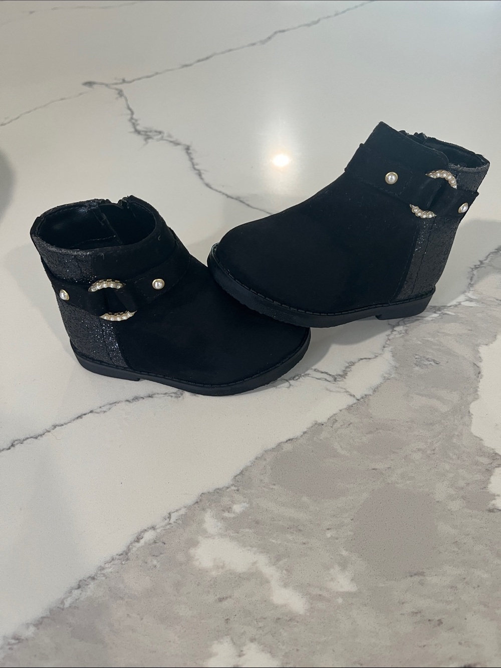 The Children's Place Black Girls' Ankle Boots with Pearl Buckle Accent